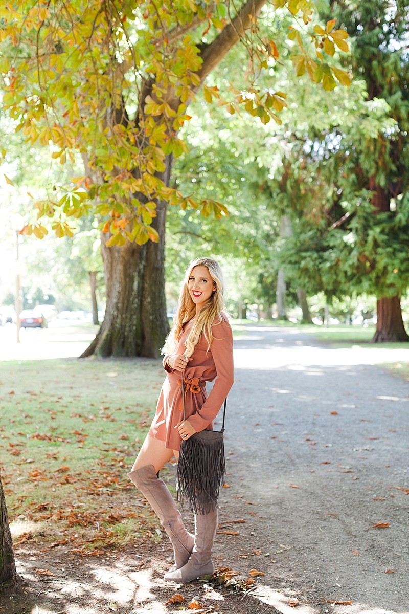 blush and camo, how to style, over the knee boots, see by chloe, fringe, 70s style 