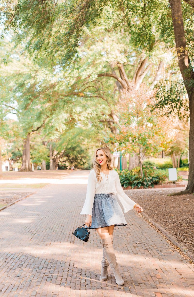 blush and camo, how to wear trends, style tips, fashion blog, over the knee boots, francesca's, shop maude, old navy 