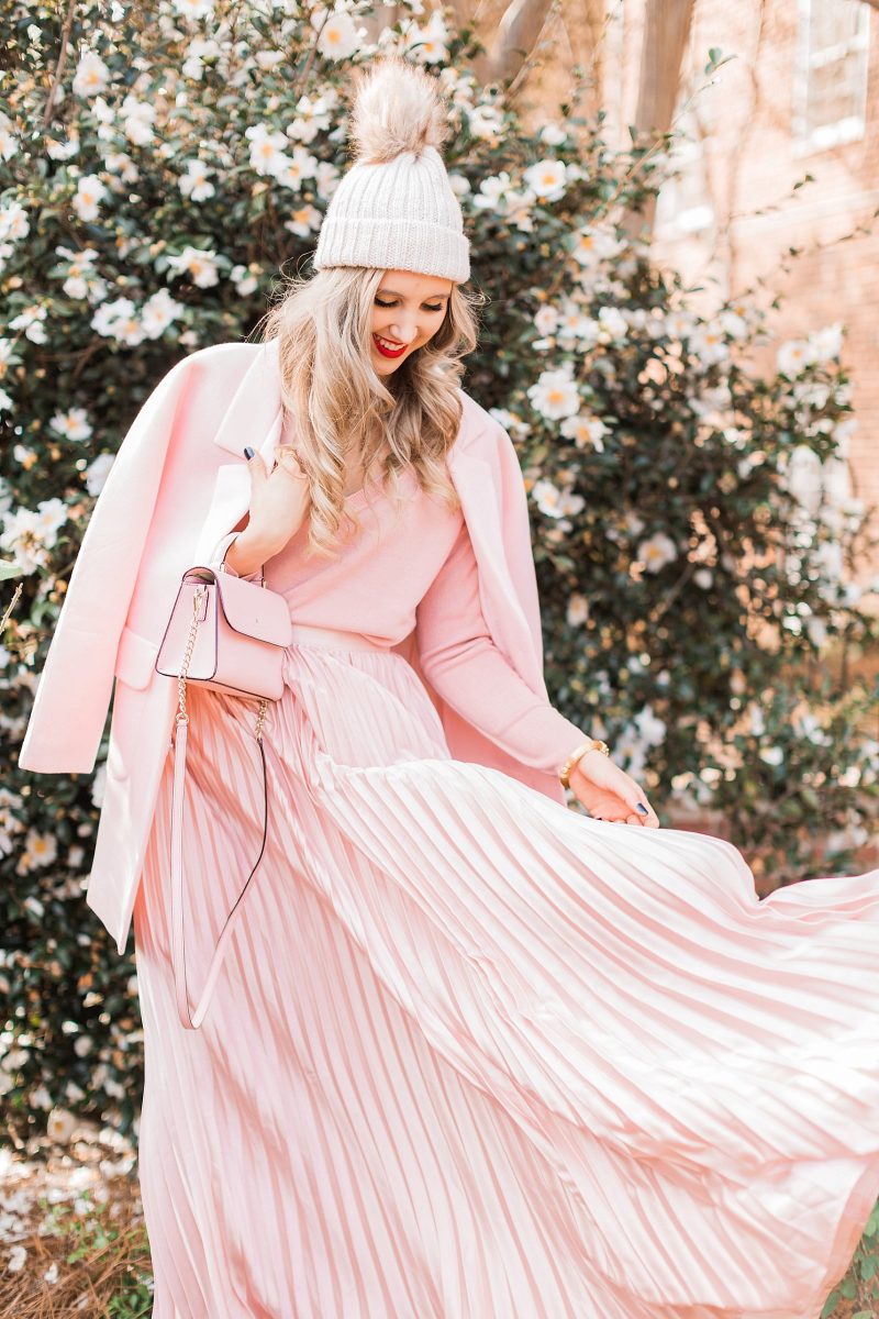 blush and camo, pink, holiday style, pleated skirt, kate spade handbag, winter style, style blog, style tips