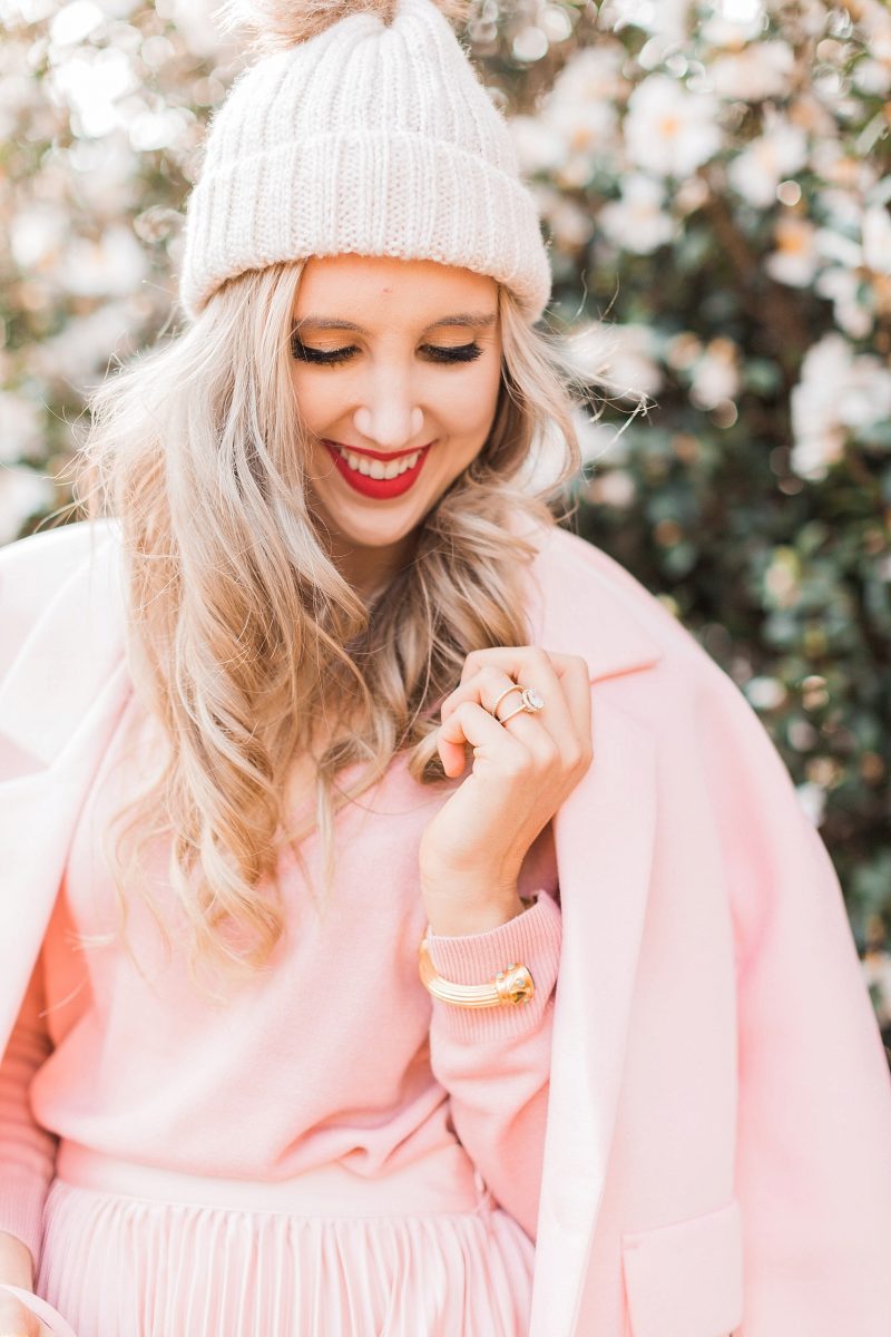 blush and camo, pink, holiday style, pleated skirt, kate spade handbag, winter style, style blog, style tips