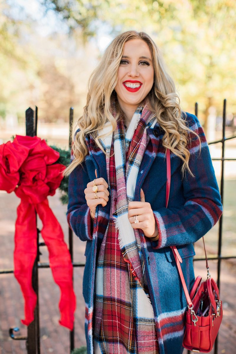 blush and camo, wardrobe, how to build your wardrobe, style tips, style blog, plaid coat, over the knee boots, red handbag 