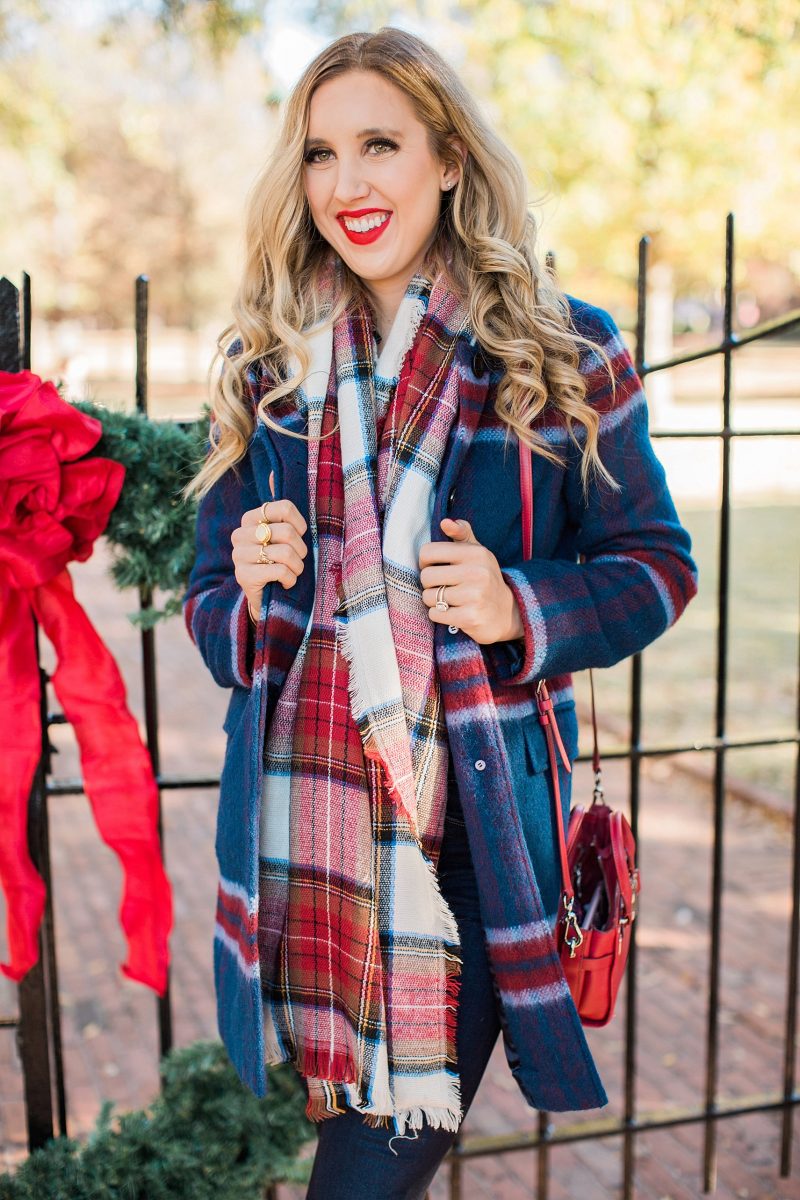 blush and camo, wardrobe, how to build your wardrobe, style tips, style blog, plaid coat, over the knee boots, red handbag 