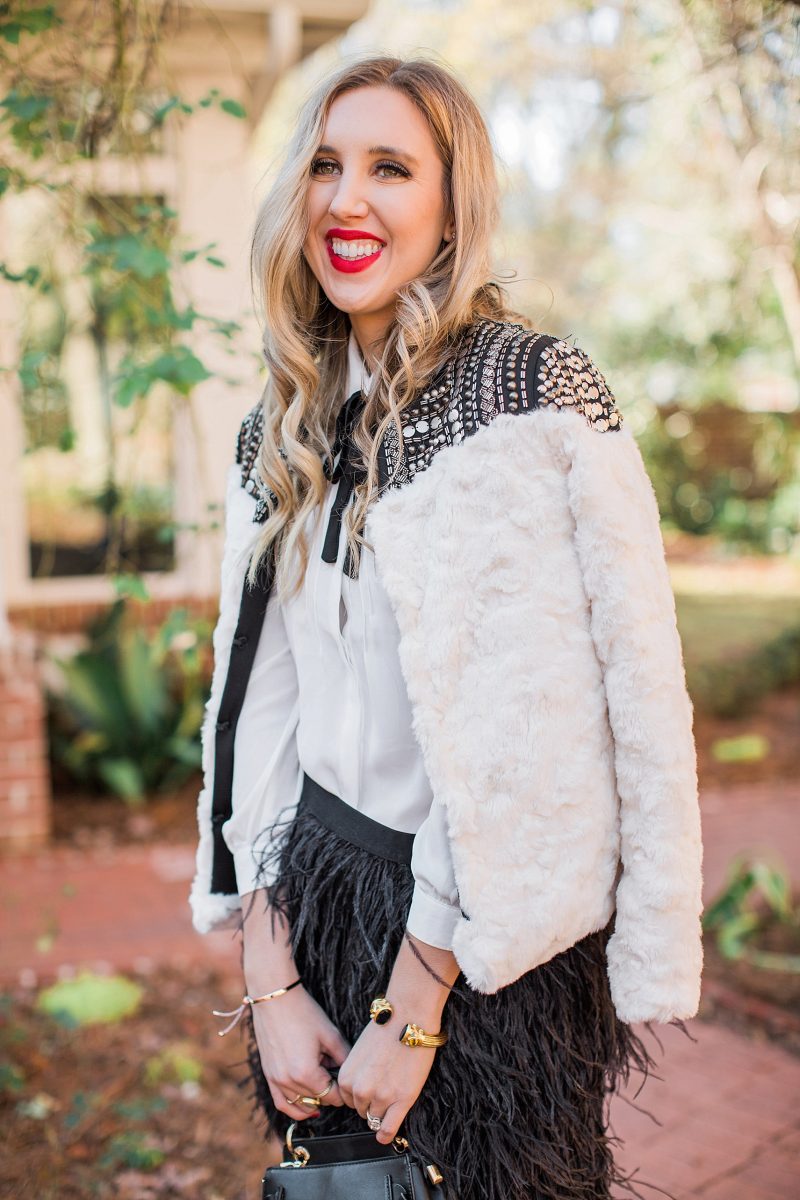 blush and camo, NYE, NYE outfit, feathers 
