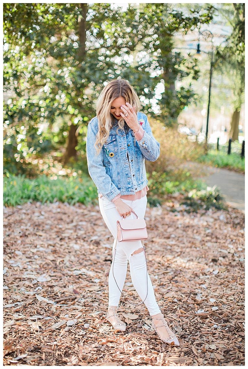 blush and camo, style blog, jean jacket, winter style, white jeans, oxfords 