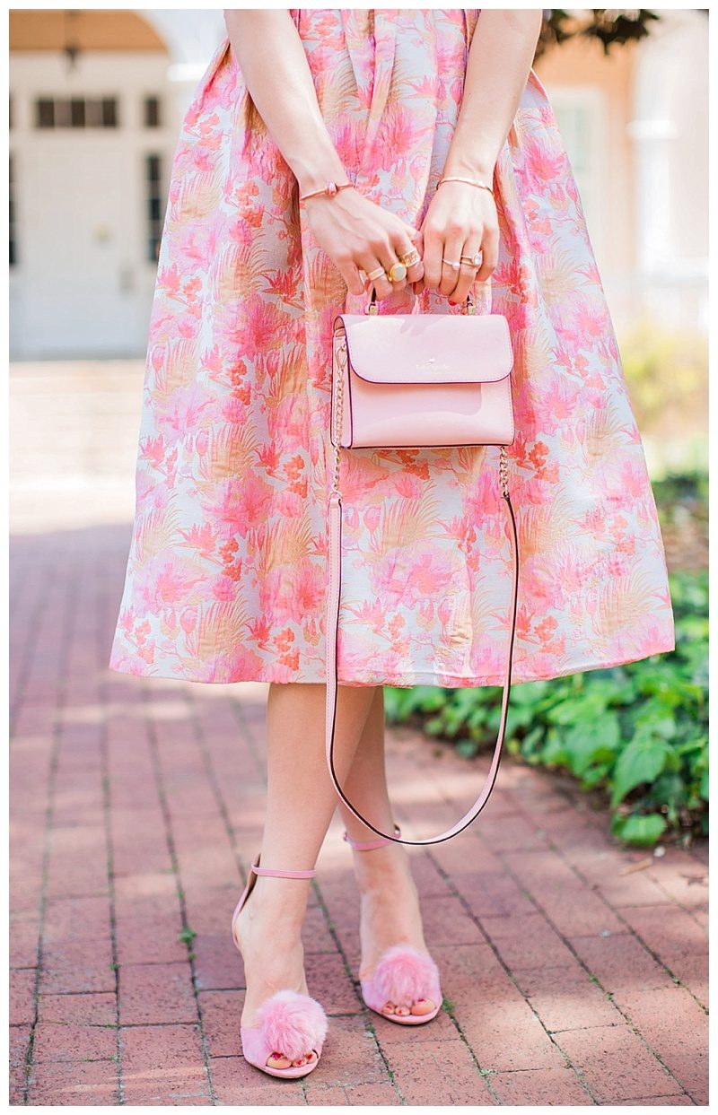 blush and camo, style blog, blush dress, pom heels, kate spade handbag 