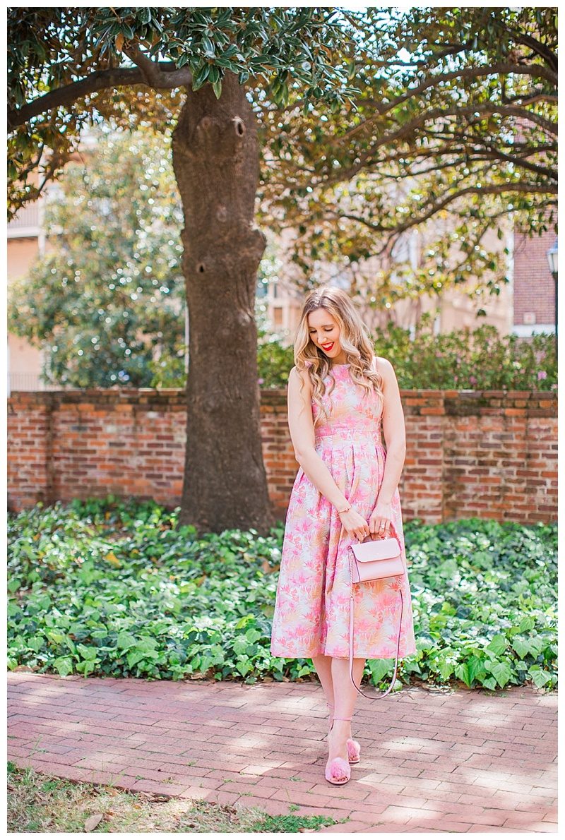 blush and camo, style blog, blush dress, pom heels, kate spade handbag 