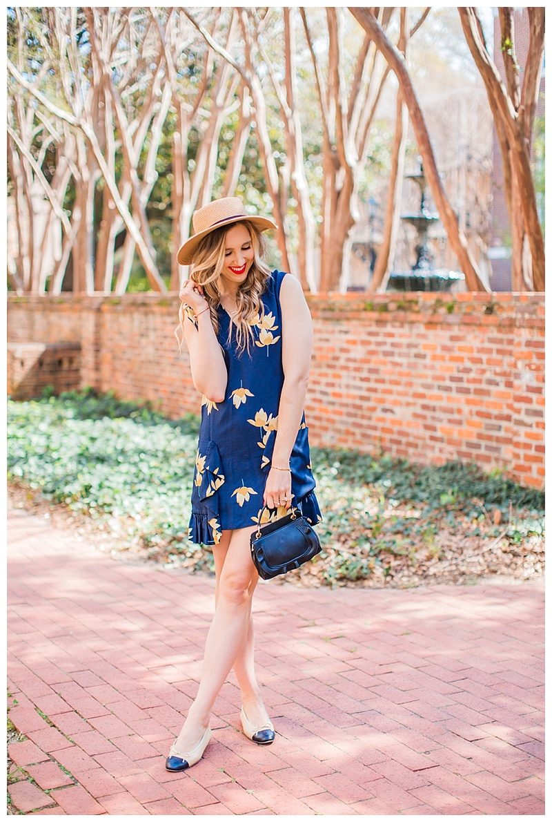 blush and camo, style tips, photography tips, chanel flats, boater hat, spring style, floral dress, blog tips