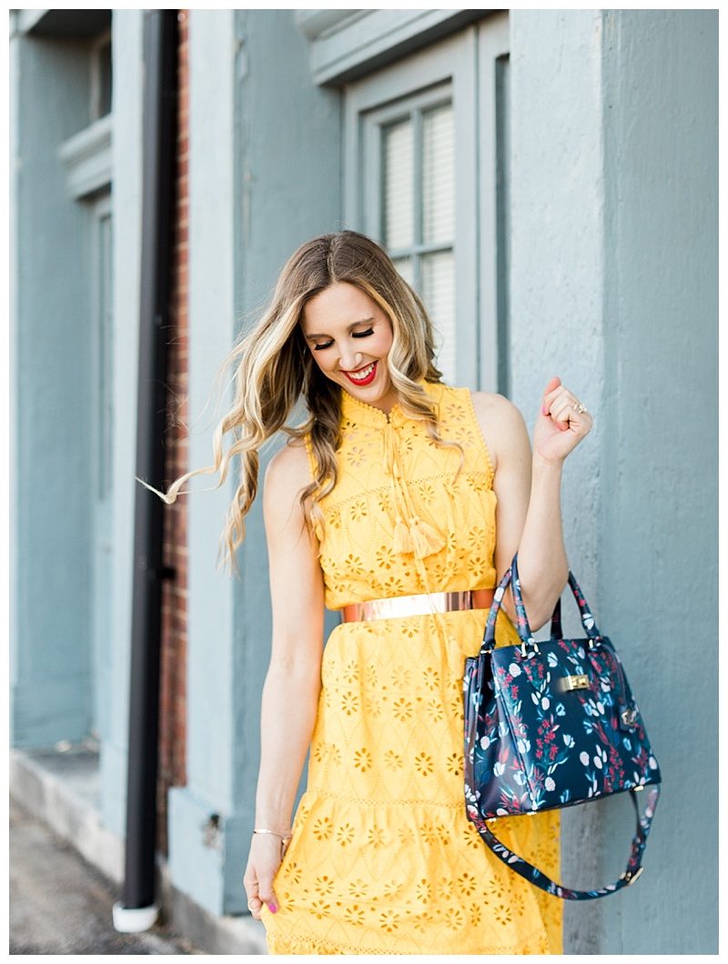 blush and camo, yellow dress, kate spade dress, draper james, draper james handbag, spring style, how to style, style tips 