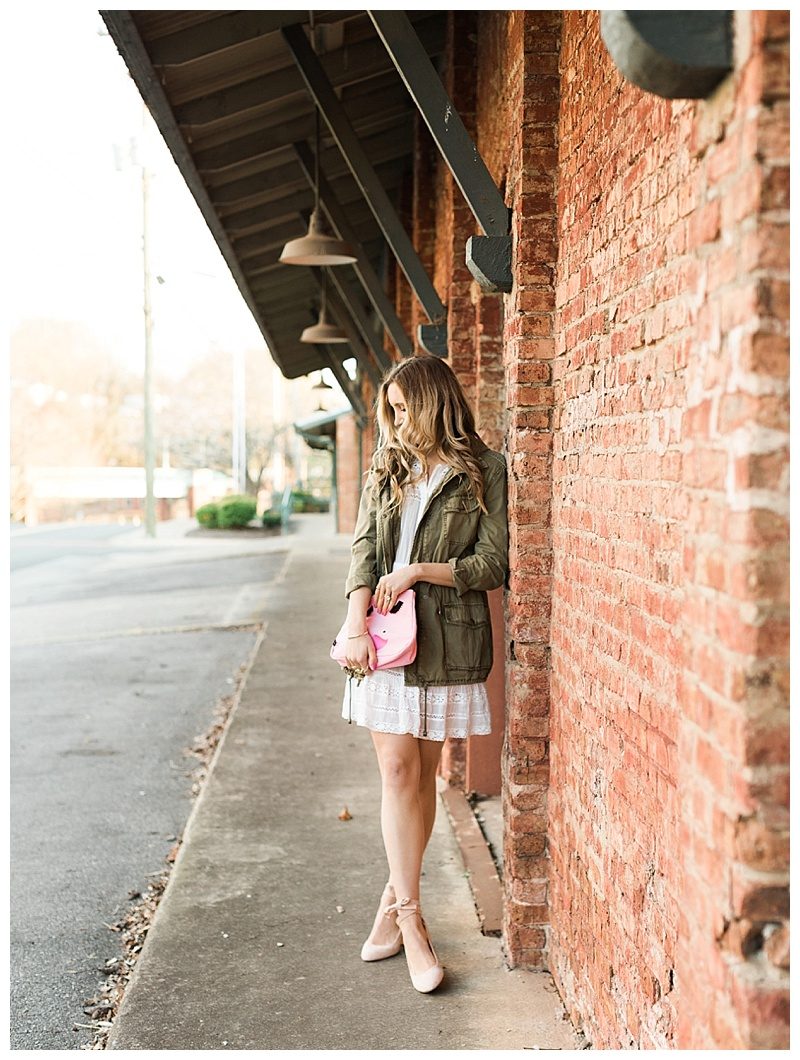 blush and camo, style tips, style tip, fashion blogger, dsw, pink heels, military jacket, spring style, how to style, spring outfit, pink clutch, feminine style, dark blonde hair