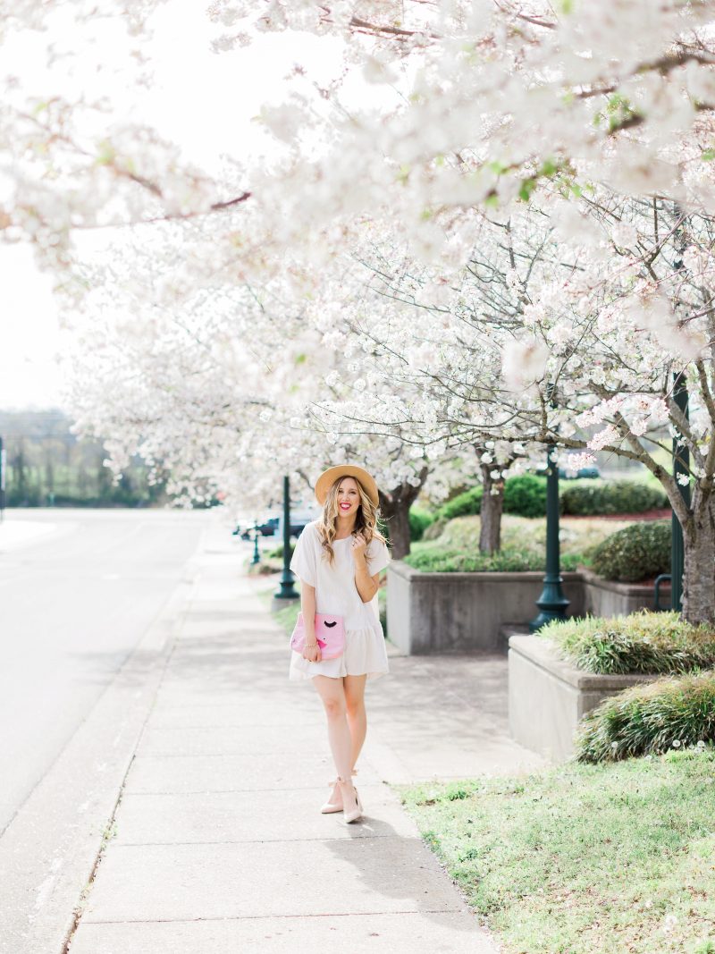 blush and camo, white dress, spring style 