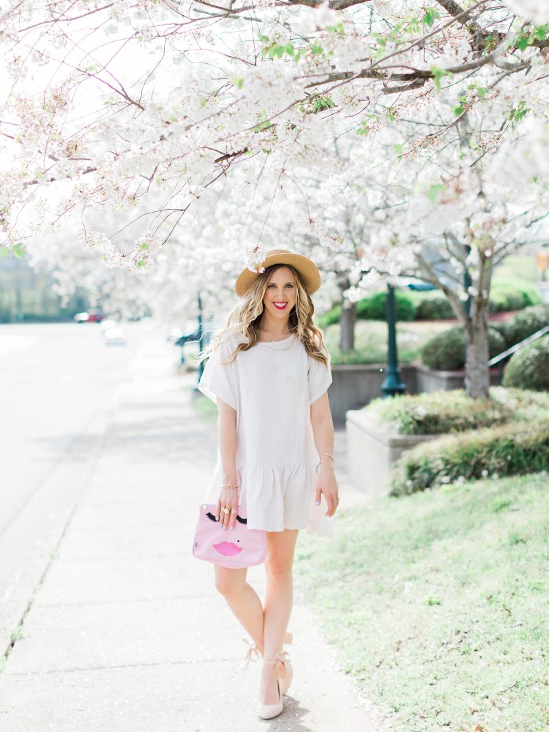 blush and camo, white dress, spring style 