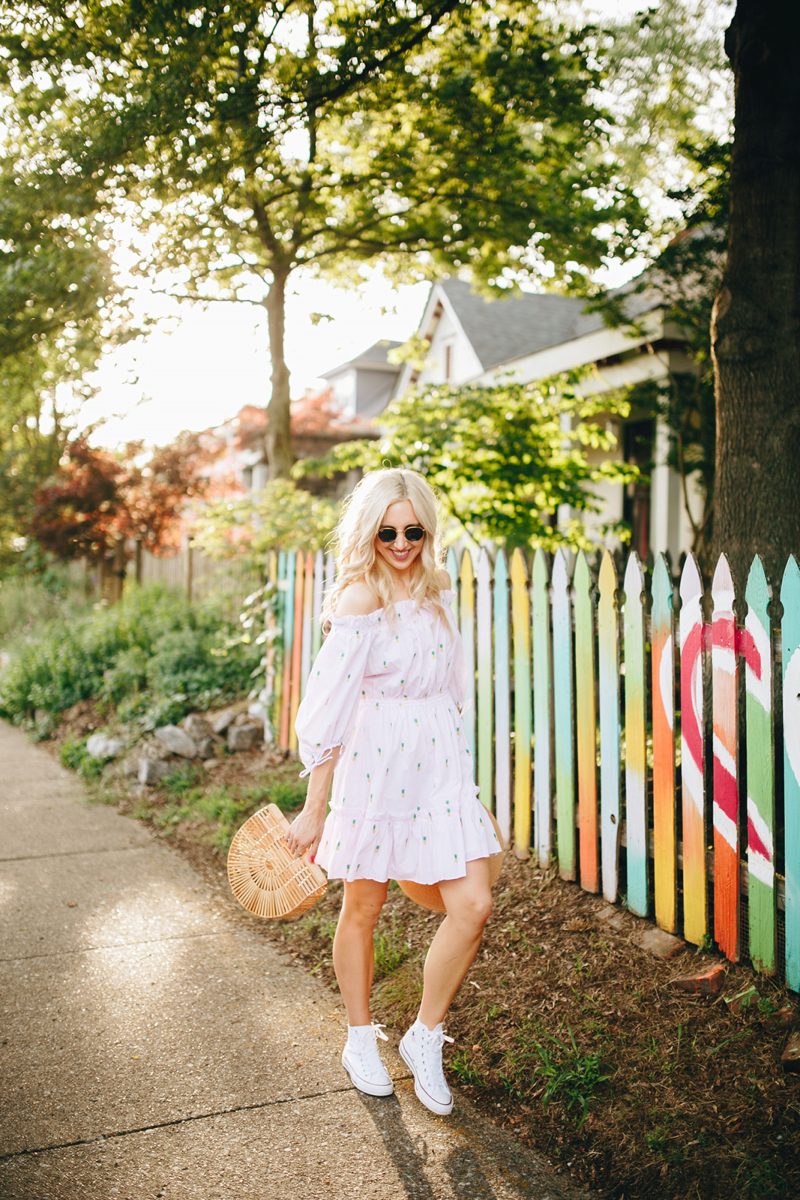 blush and camo, pineapple print, pineapple printed dress, kate spade dress, converse, converse shoes, summer style, summer blogger style