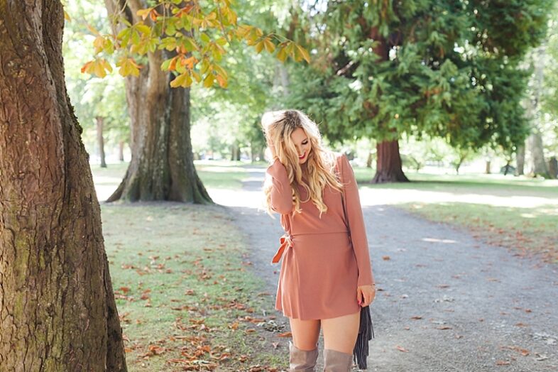 blush and camo, how to style, over the knee boots, see by chloe, fringe, 70s style