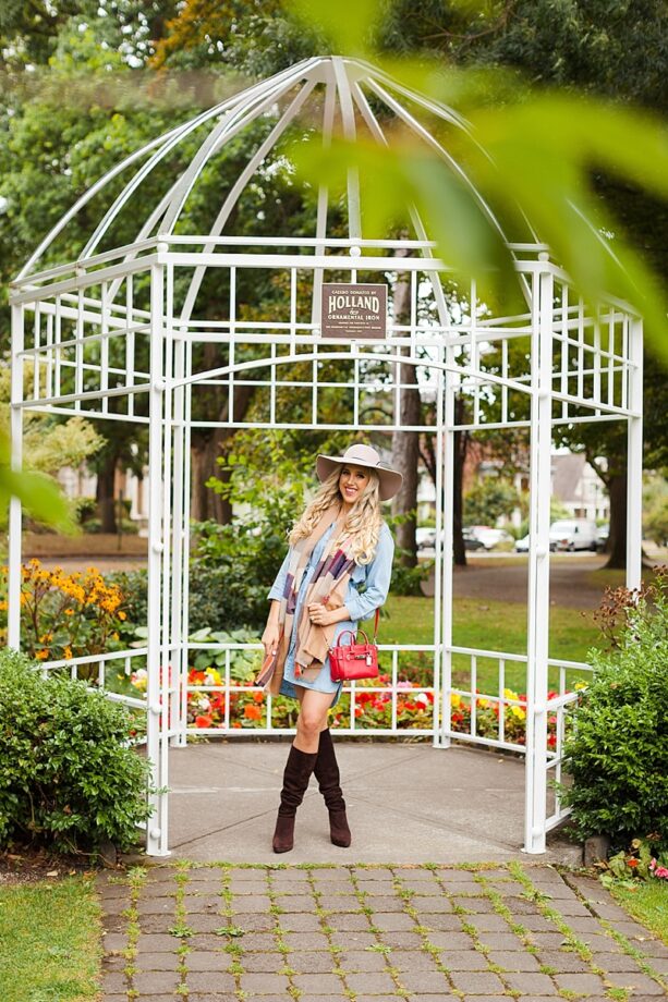 blush and camo, style blog, fashion blog, fall fashion, fall style, denim dress, plaid, floppy hat, casual style. weekend style, suede boots