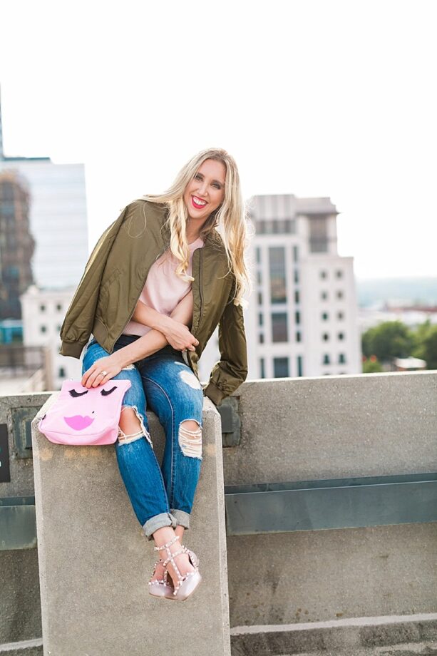 blush and camo, style blog, fashion blog, bomber jacket, how to style, style tips, valentino rocketed caged flats, trendy style, fall fashion, fall style