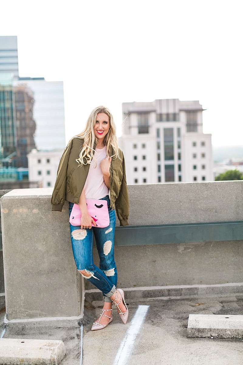 blush and camo, style blog, fashion blog, bomber jacket, how to style, style tips, valentino rocketed caged flats, trendy style, fall fashion, fall style