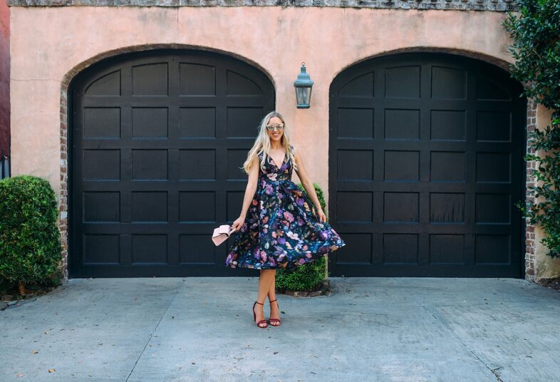 blush and camo, how to style, style tips, floral print, floral print dress, block heels