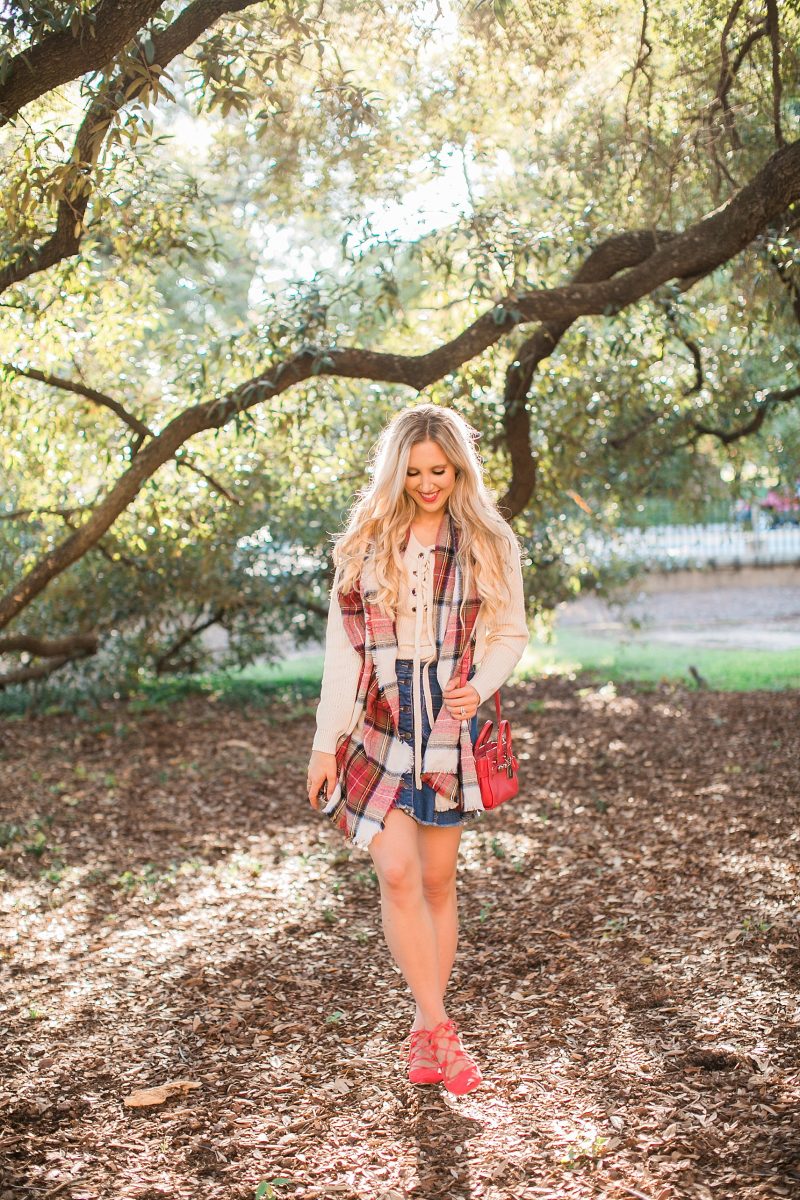 blush and camo, lace up sweater, shop maude, denim skirt, fall fashion, fall style 