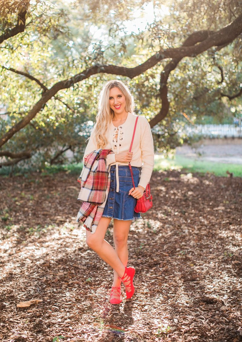 blush and camo, lace up sweater, shop maude, denim skirt, fall fashion, fall style 