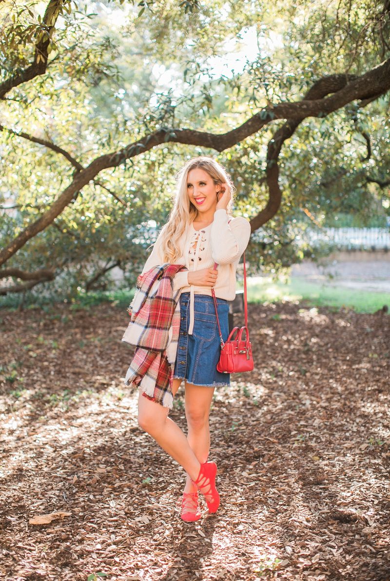 blush and camo, lace up sweater, shop maude, denim skirt, fall fashion, fall style 