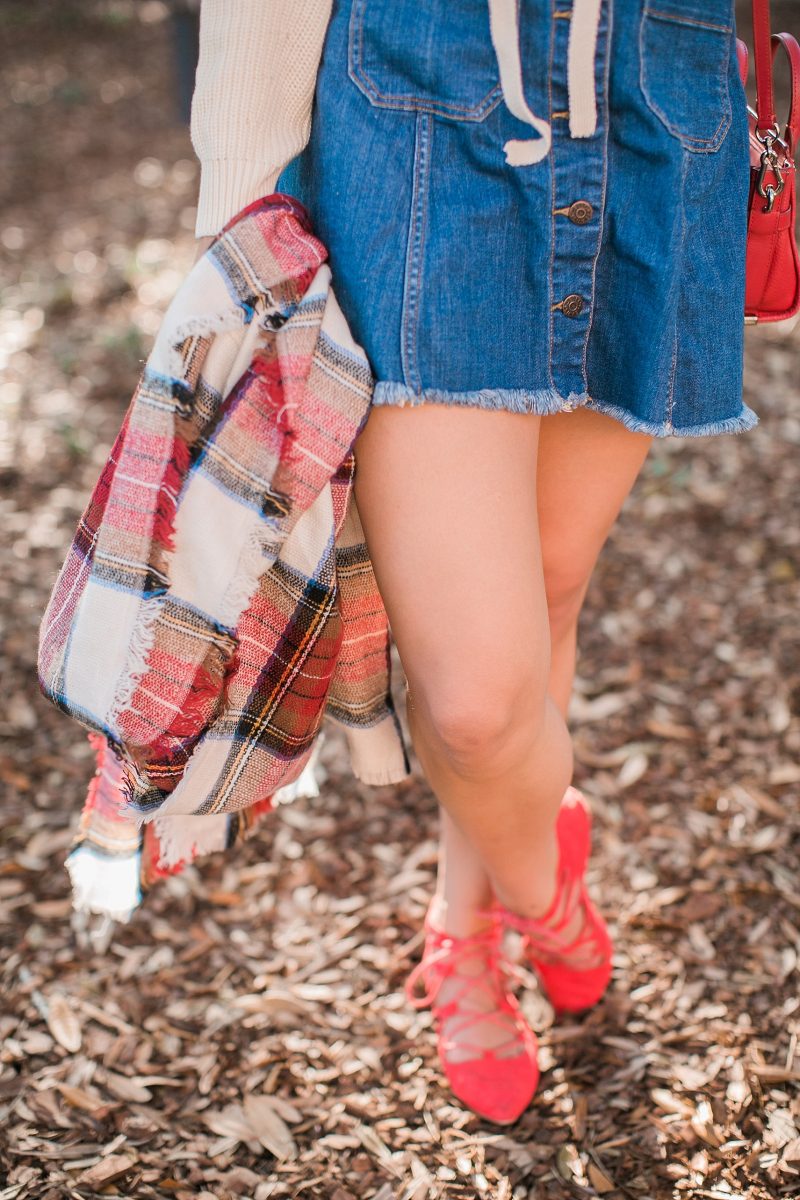 blush and camo, lace up sweater, shop maude, denim skirt, fall fashion, fall style 