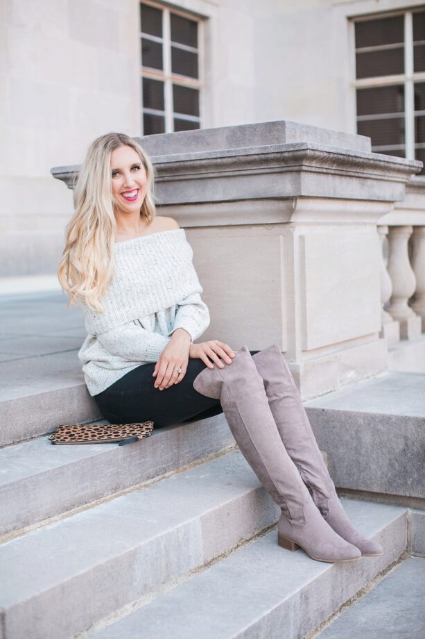 blush and camo, over the shoulder sweater, over the knee boots, black jeans, blonde hair, clare v, clare v clutch