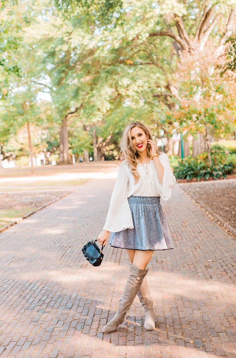 blush and camo, how to wear trends, style tips, fashion blog, over the knee boots, francesca's, shop maude, old navy 