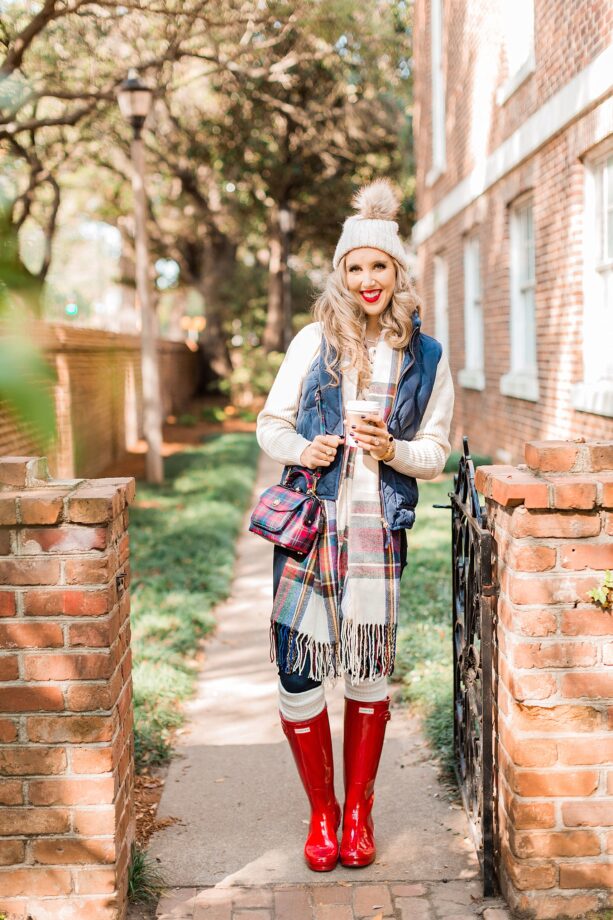 blush and camo, holiday, holiday style, hunter boots, plaid, how to style, style tips, j. crew vest