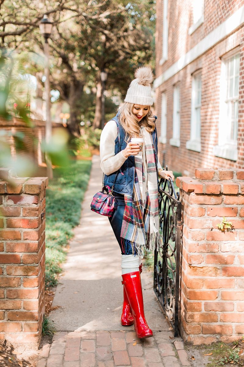 blush and camo, holiday, holiday style, hunter boots, plaid, how to style, style tips, j. crew vest 