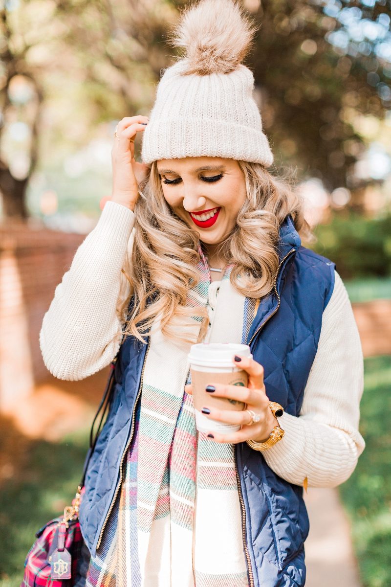 blush and camo, holiday, holiday style, hunter boots, plaid, how to style, style tips, j. crew vest 