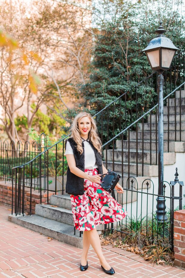 blush and camo, draper james, holiday style, southern belle, francescas handbag, chanel flats