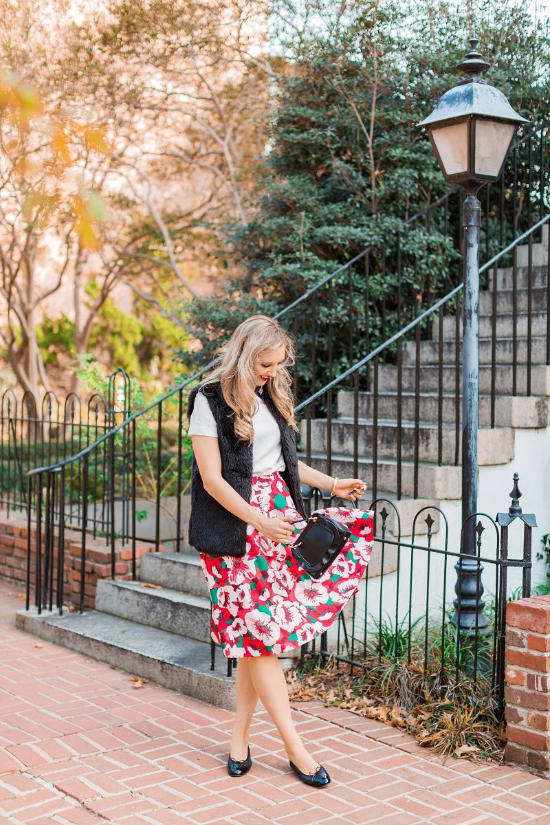 blush and camo, draper james, holiday style, southern belle, francescas handbag, chanel flats 