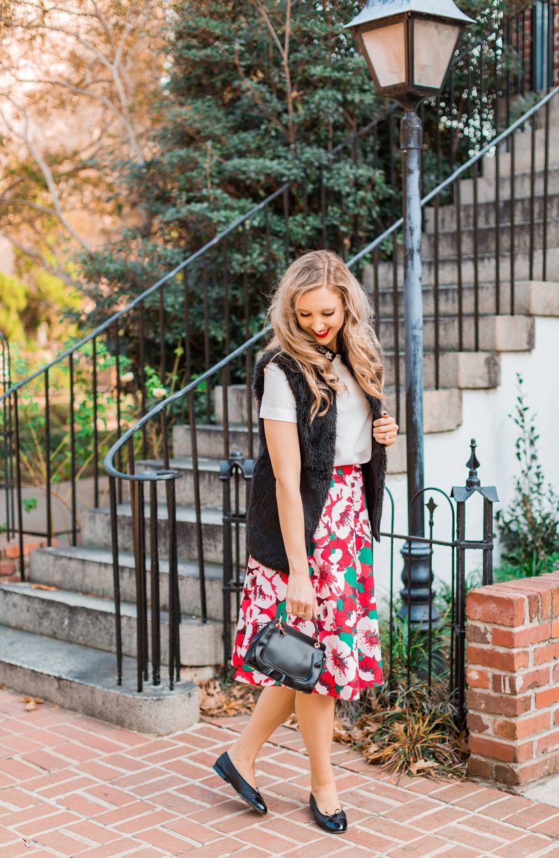 blush and camo, draper james, holiday style, southern belle, francescas handbag, chanel flats 