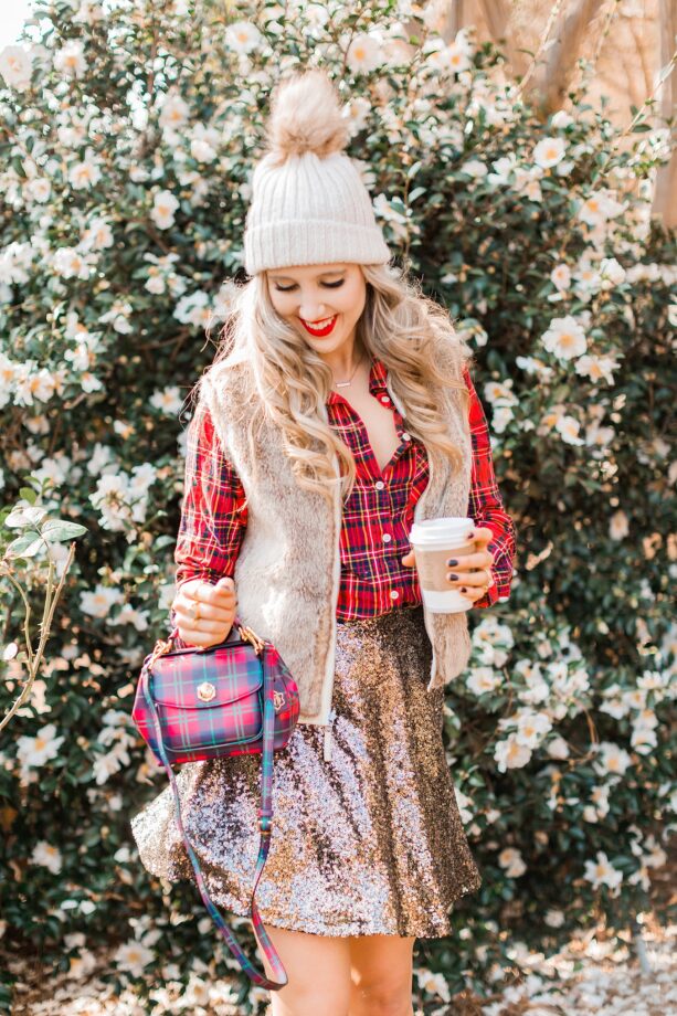 blush and camo, style blog, holiday fashion, style blog, style tips, plaid button down, sequined skirt, plaid handbag, draper james