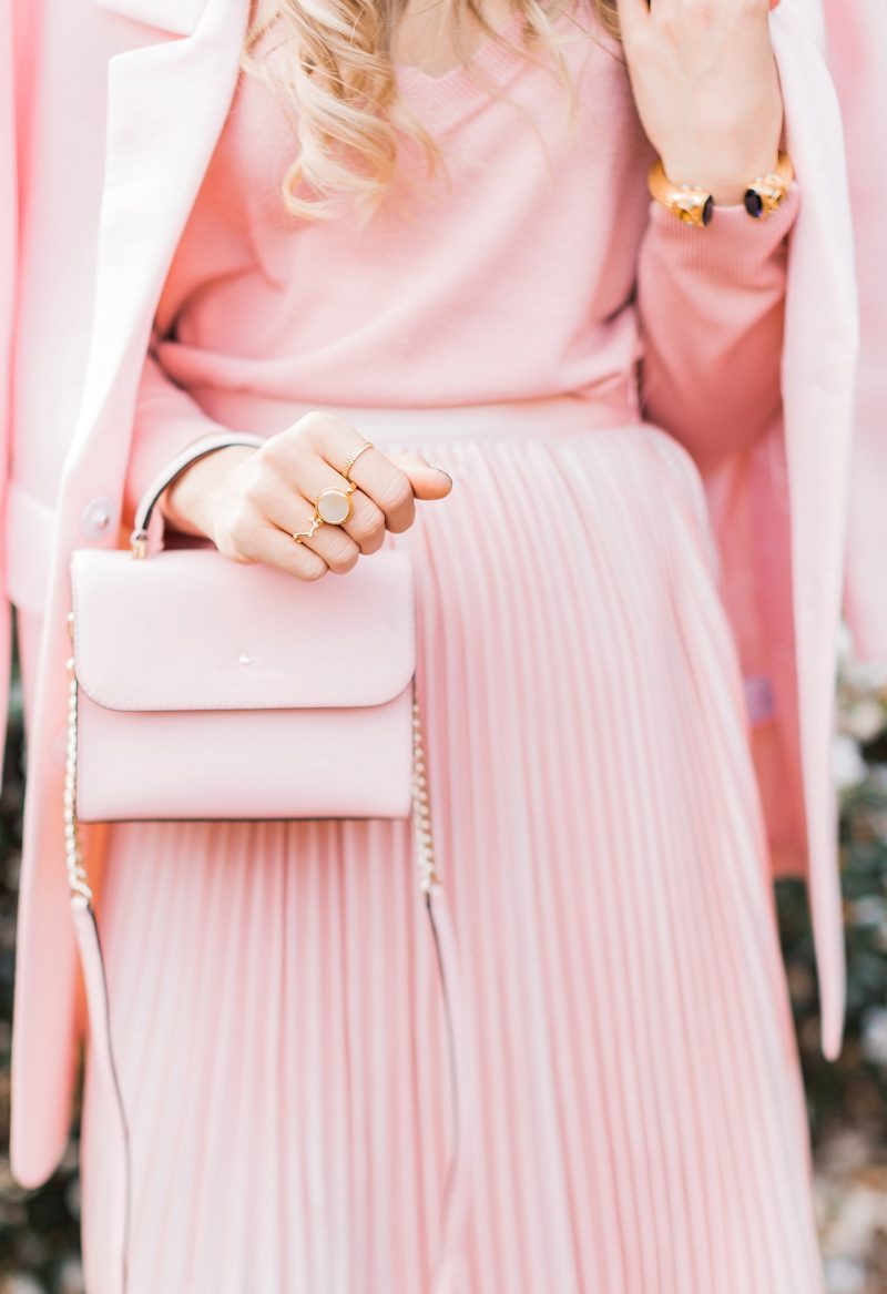 blush and camo, pink, holiday style, pleated skirt, kate spade handbag, winter style, style blog, style tips