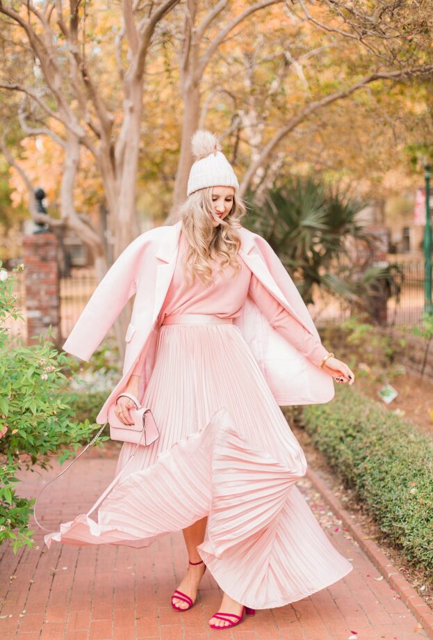 blush and camo, pink, holiday style, pleated skirt, kate spade handbag, winter style, style blog, style tips