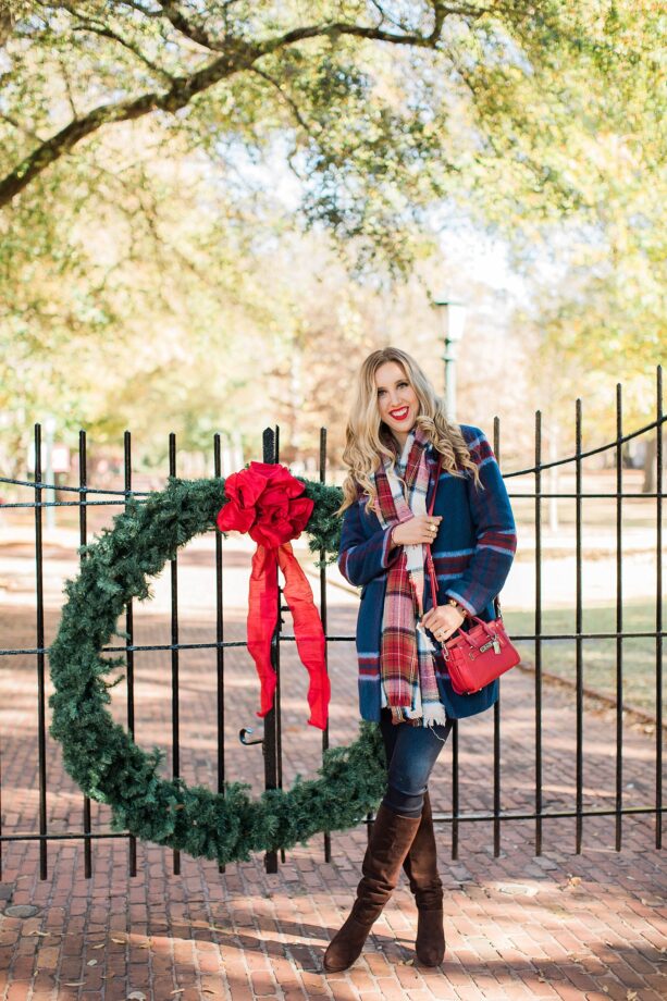 blush and camo, wardrobe, how to build your wardrobe, style tips, style blog, plaid coat, over the knee boots, red handbag