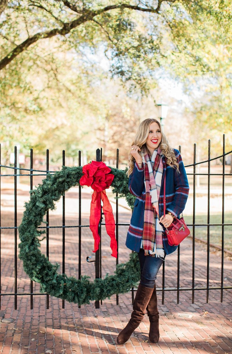 blush and camo, wardrobe, how to build your wardrobe, style tips, style blog, plaid coat, over the knee boots, red handbag 