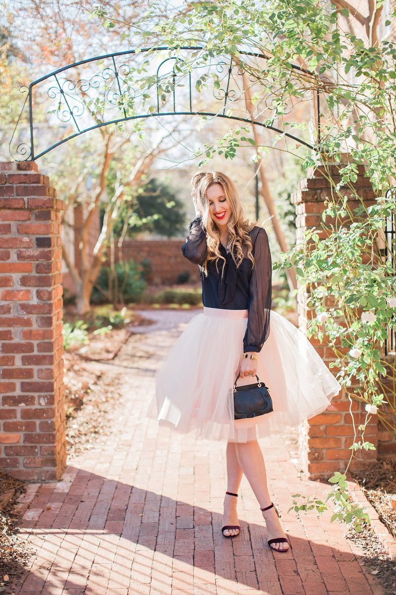 blush and camo, tulle skirt, space 46 boutique, holiday style, valentino dress, julie vos jewelry, fashion blog, style blog, block heels, velvet heels 