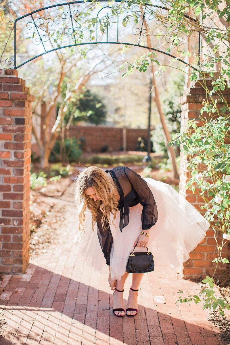 blush and camo, tulle skirt, space 46 boutique, holiday style, valentino dress, julie vos jewelry, fashion blog, style blog, block heels, velvet heels