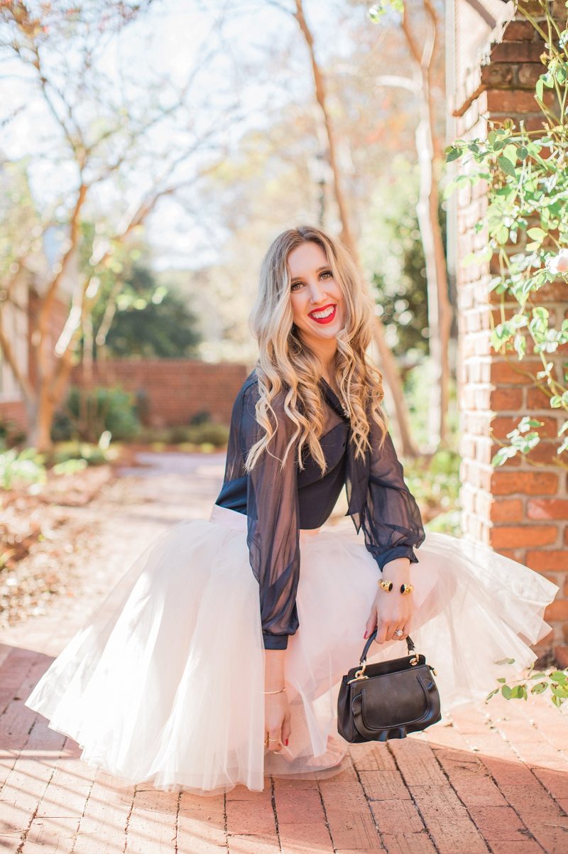 blush and camo, tulle skirt, space 46 boutique, holiday style, valentino dress, julie vos jewelry, fashion blog, style blog, block heels, velvet heels 