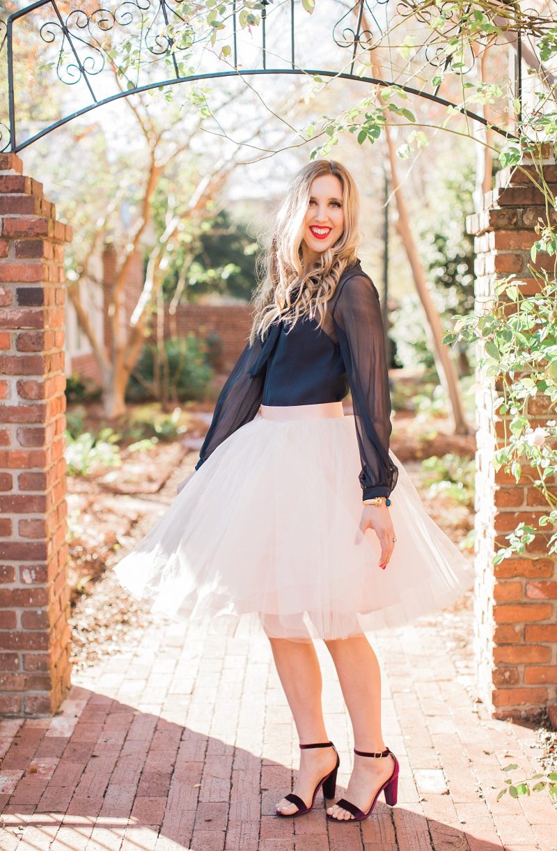 blush and camo, tulle skirt, space 46 boutique, holiday style, valentino dress, julie vos jewelry, fashion blog, style blog, block heels, velvet heels