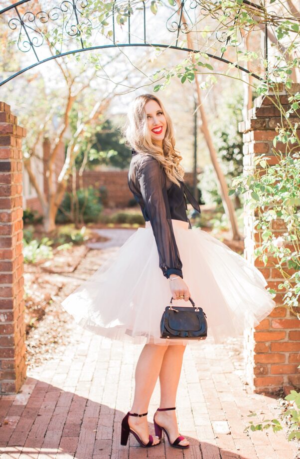 blush and camo, tulle skirt, space 46 boutique, holiday style, valentino dress, julie vos jewelry, fashion blog, style blog, block heels, velvet heels