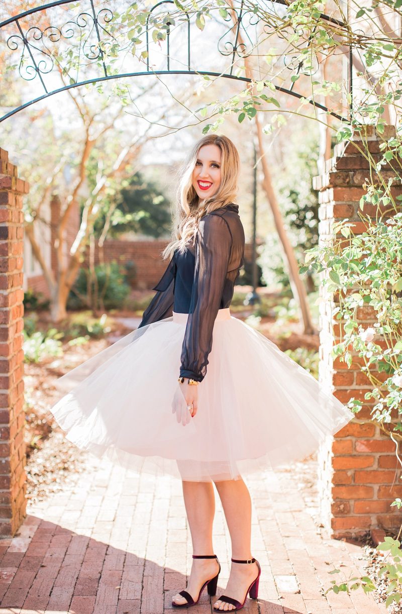 blush and camo, tulle skirt, space 46 boutique, holiday style, valentino dress, julie vos jewelry, fashion blog, style blog, block heels, velvet heels