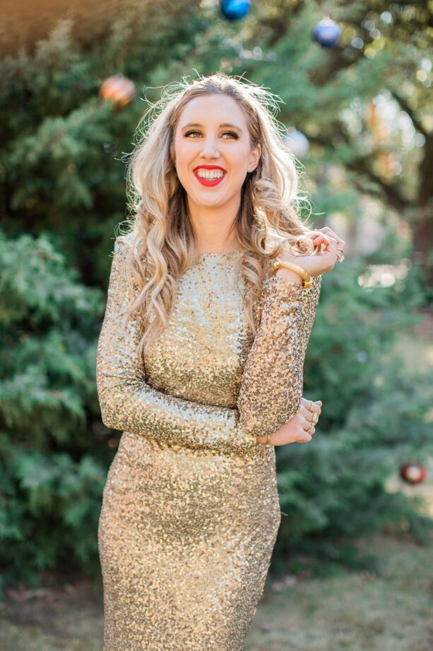 blush and camo, christmas dress, sequined dress, gold dress, velvet heels, block heels, holiday style