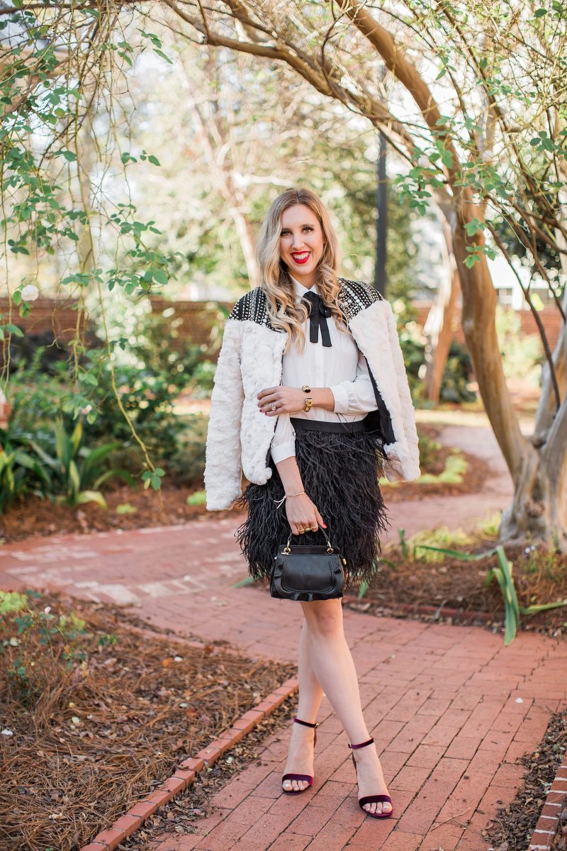 blush and camo, NYE, NYE outfit, feathers 