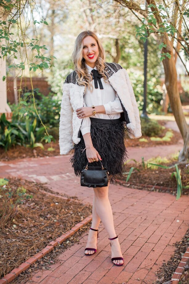 blush and camo, NYE, NYE outfit, feathers