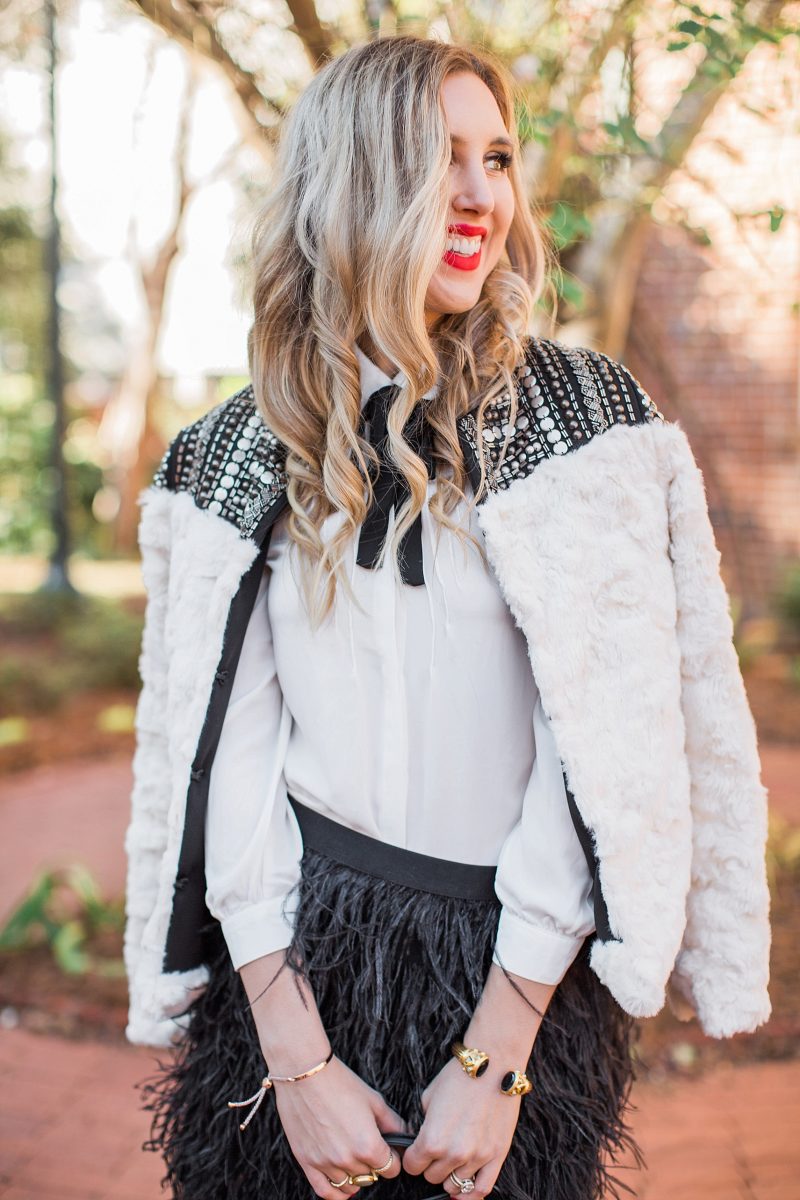 blush and camo, NYE, NYE outfit, feathers 