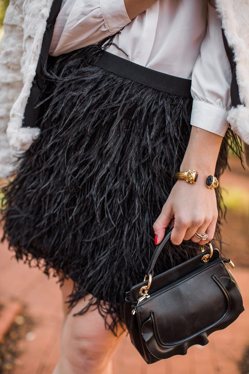 blush and camo, NYE, NYE outfit, feathers 