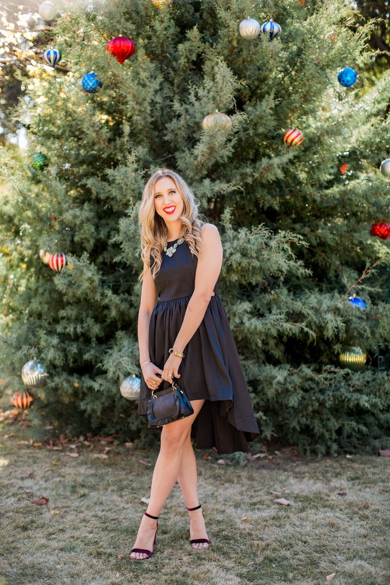 blush and camo, francesca's, holiday style, fashion blog, black dress, LBD, block heels 